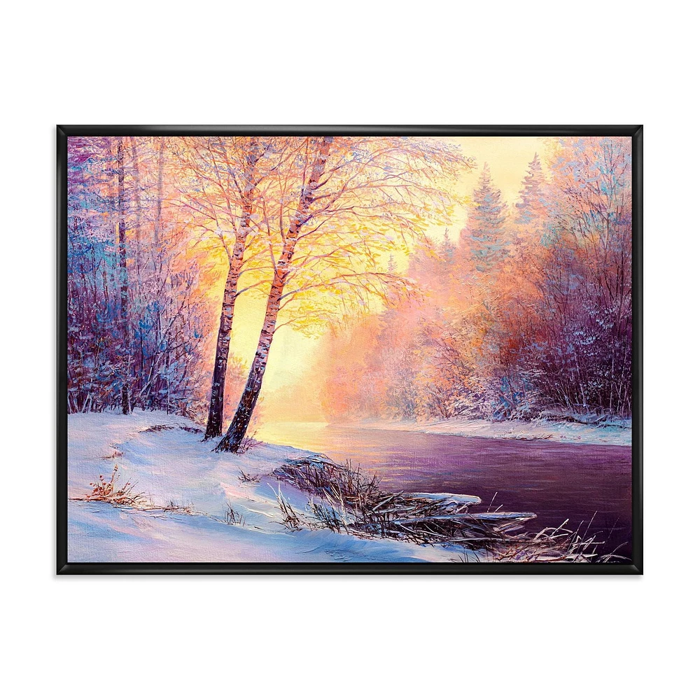 Designart Paysage d'hiver avec pont de la rivière sinueuse II ART MURAL À CADRE FLOTT