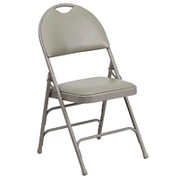 2 Pk. HERCULES Series Ultra-Premium Triple Braced Gray Vinyl Metal Folding Chair with Easy-Carry Handle