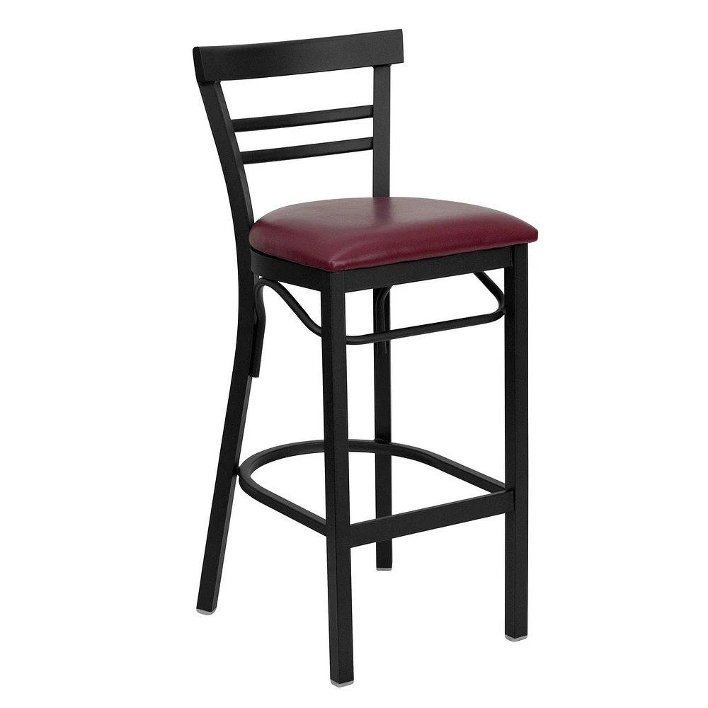 Lot de 2 pièces - Tabouret de bar de la série HERCULES en métal noir avec dossier échelle à deux lattes - Siège en vinyle bourgogne