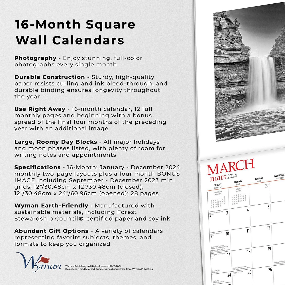 Wyman Publishing Canada Black and White 2024 12x24 Inch Square Wall Calendar, 9781525611353