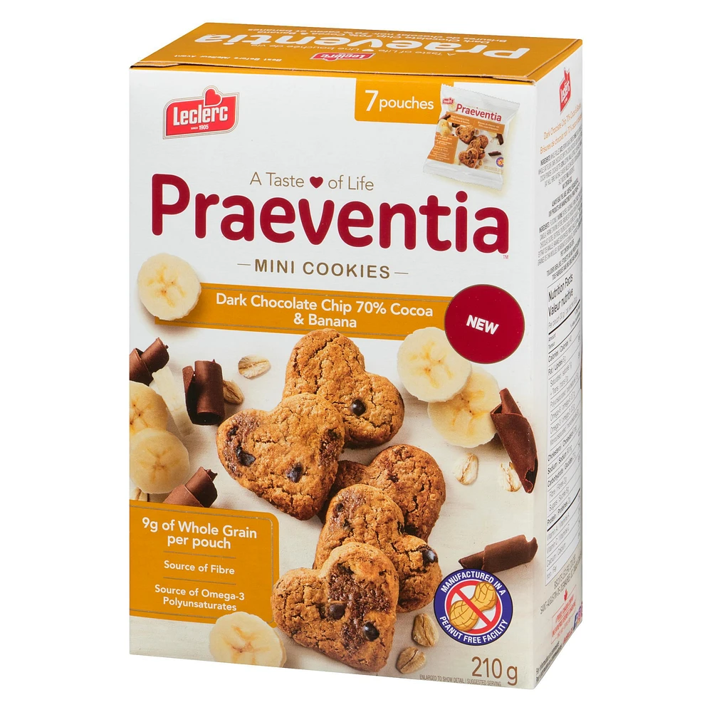 Praeventia Brisures de Chocolat Noir 70% Cacao et Bananes Mini Biscuits 210g/7 sachets