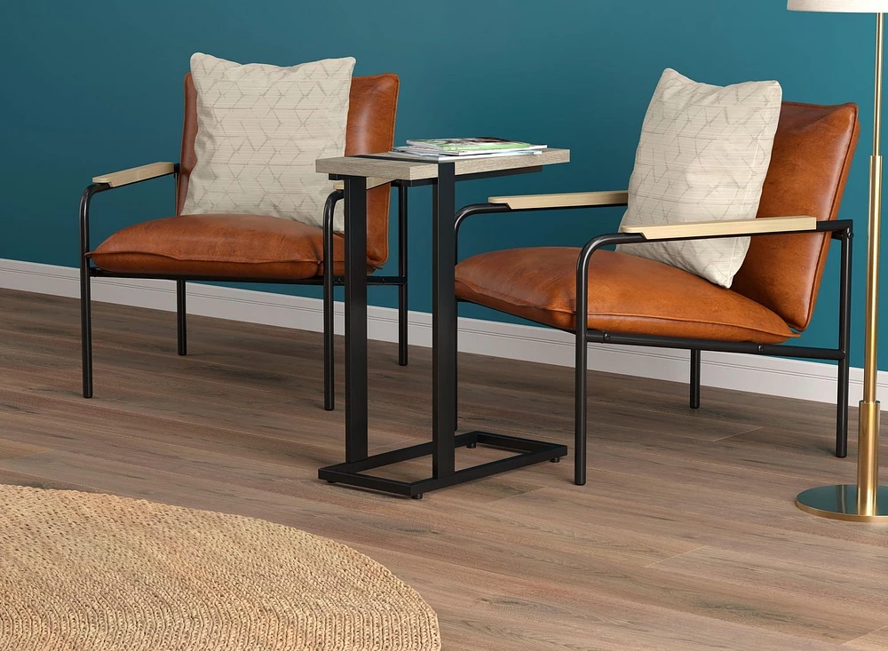 Safdie & Co. Table d'Appoint en Forme de C, Plateau Taupe et Base en Métal Noir