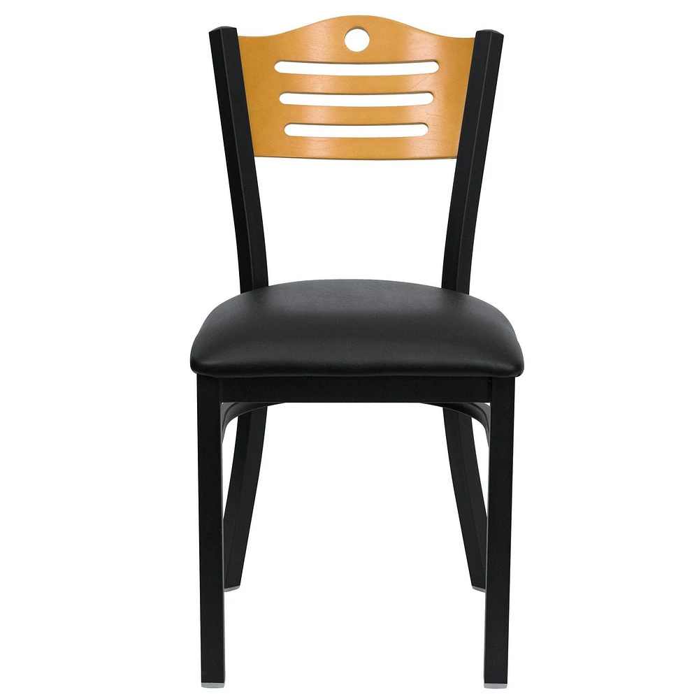 Lot de 2 pièces - Chaise de restaurant de la série HERCULES en métal noir avec dossier à lattes - dossier en bois naturel et siège en vinyle noir