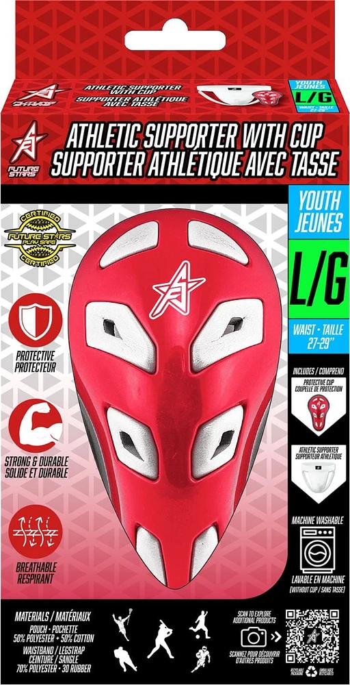 Future Stars Athletic Supporter with Jock Cup and Support Strap - Youth - Large Size - Anti-microbial, machine washable, pro-style protective gear, FS Jock and Strap - Youth Large - 27"-29" Waist
