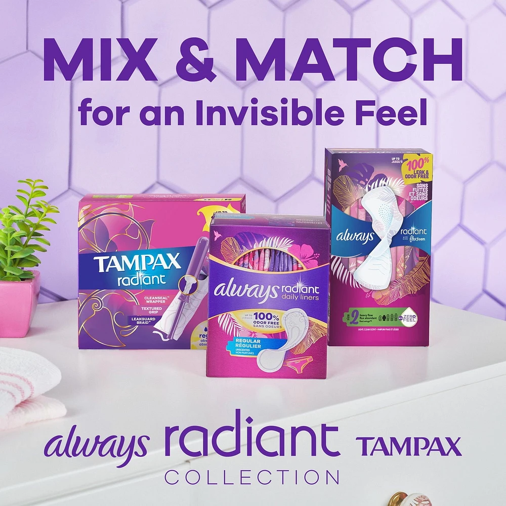 Tampax Radiant Tampons Multipack, with LeakGuard Braid, Regular/Super Absorbency, Unscented, 28CT