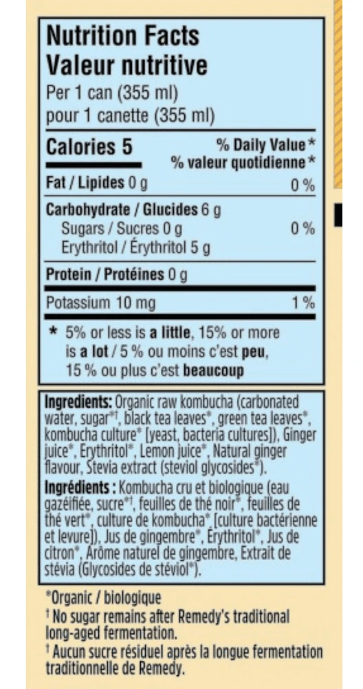 Organic, No Sugar, Raw and Unpasteurized, Naturally Caffeinated Remedy Kombucha Ginger Lemon 4PK, 4x355 ML