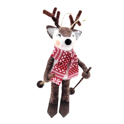 Holiday Time wool polyester Skiing Reindeer ornament - Brown / White / Red