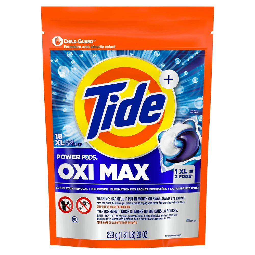 Capsules de détergent à lessive Tide Oxi Max Power PODS, détachant et puissance d’Oxi, 18 capsules TIDE PWRPD OXI MX18C
