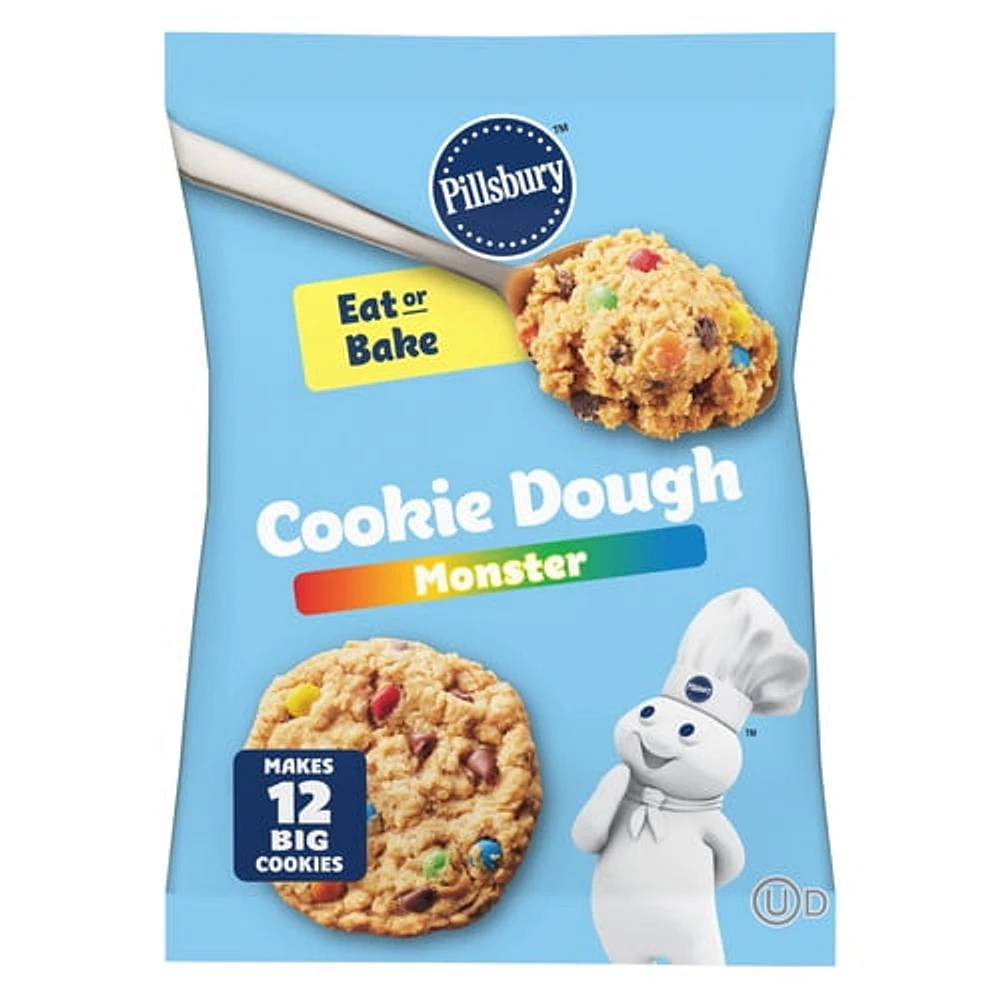 Pillsbury Monster Cookie Dough with Candy Pieces, Peanut Butter & Chocolate Chips, Ready to Bake, 12 Big Cookies, 454 g