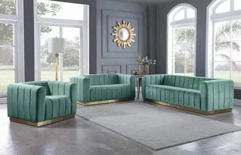 K-LIVING  SHANNON VELOUR FABRIC LOVESEAT IN MINT WITH ACCENT GOLD BASE