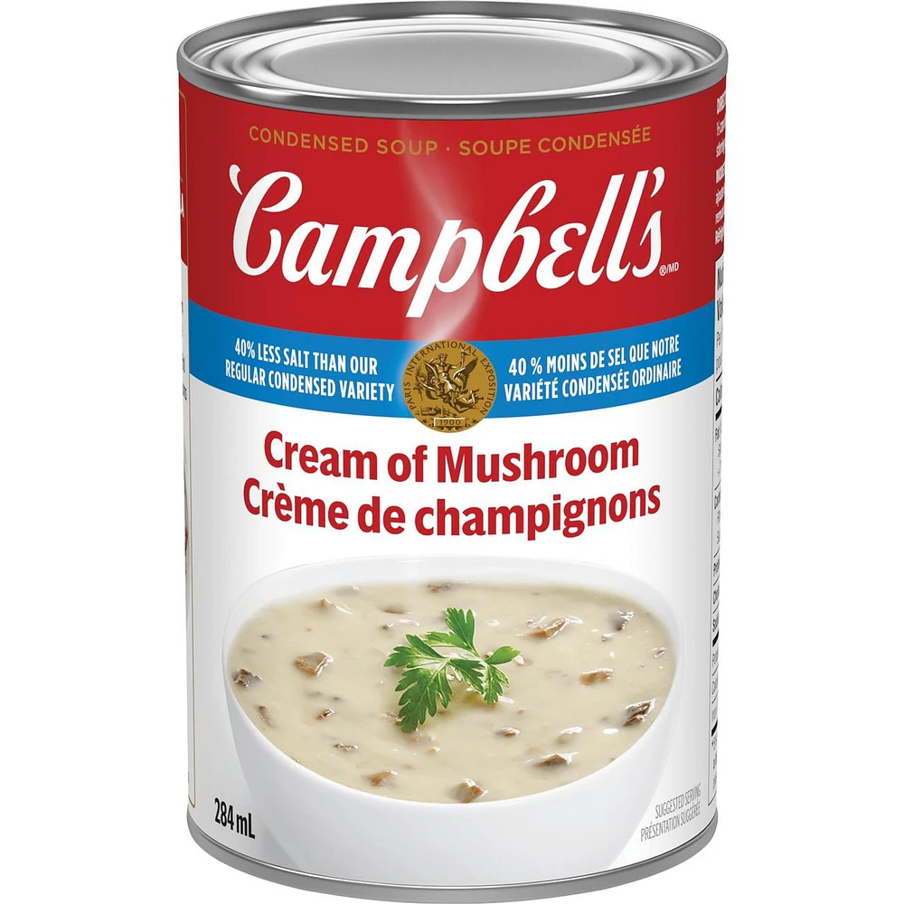 Soupe condensée Campbell’sMD, Crème de champignons 40% moins de sodium, longue conservation 284 ml