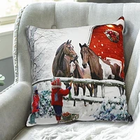 Christmas Led Velvet Cushion Enfants Nourrissant Les Chevaux 18X18 - Ensemble De 2