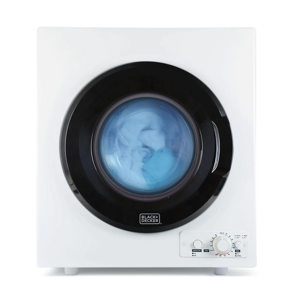 Sécheuse compacte Black + Decker BCED26 pour prise murale standard, petite, 5 modes, volume de charge 8,8 lb, blanche
