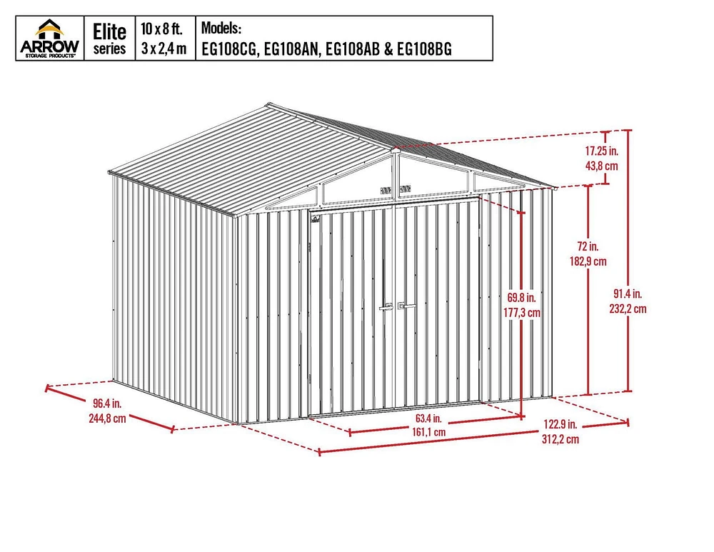 Abri de rangement en acier Arrow Elite, 10 x 8 pi, Galvalume