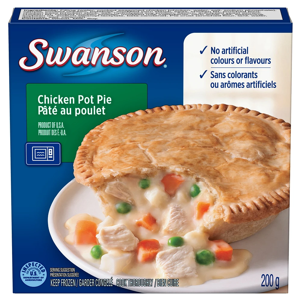 Swanson Chicken Pot Pie: flaky crust stuffed with cooked seasoned chicken, carrots, potatoes, and peas, 200 g