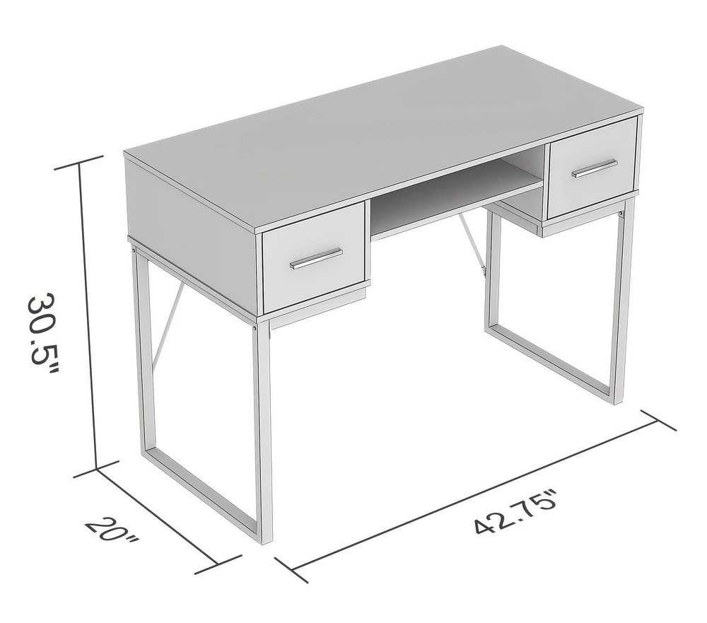 Safdie & Co. Computer Writing Desk 42.5in Dark Grey with 2 Drawers 1 Shelf and Black Metal for Home Office and Small Spaces. Ideal for writing, gaming, study, work from home