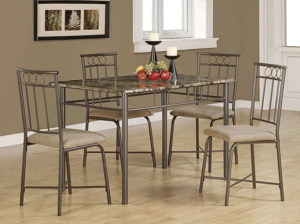 Monarch Specialties Ensemble De Table À Manger, 5pcs Ensemble, Petit, 48" Rectangulaire, Faux Marbre, Cuisine, Métal, Stratifié, D'aspect Marbre Brun, Contemporain, Moderne