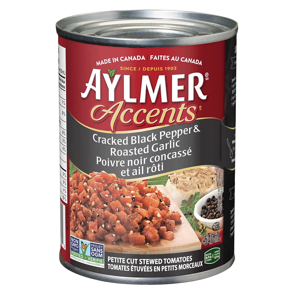 Aylmer Accents Cracked Black Pepper and Roasted Garlic Stewed Tomatoes, 540 ml