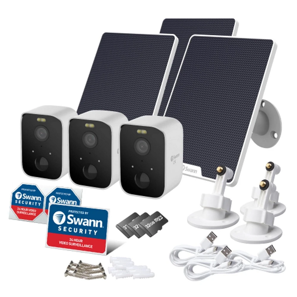 Caméra de projecteur sans fil à détection de chaleur et mouvement Wi-Fi CoreCam Pro 2K de Swann avec panneaux solaires - paquet de 3 - Blanc