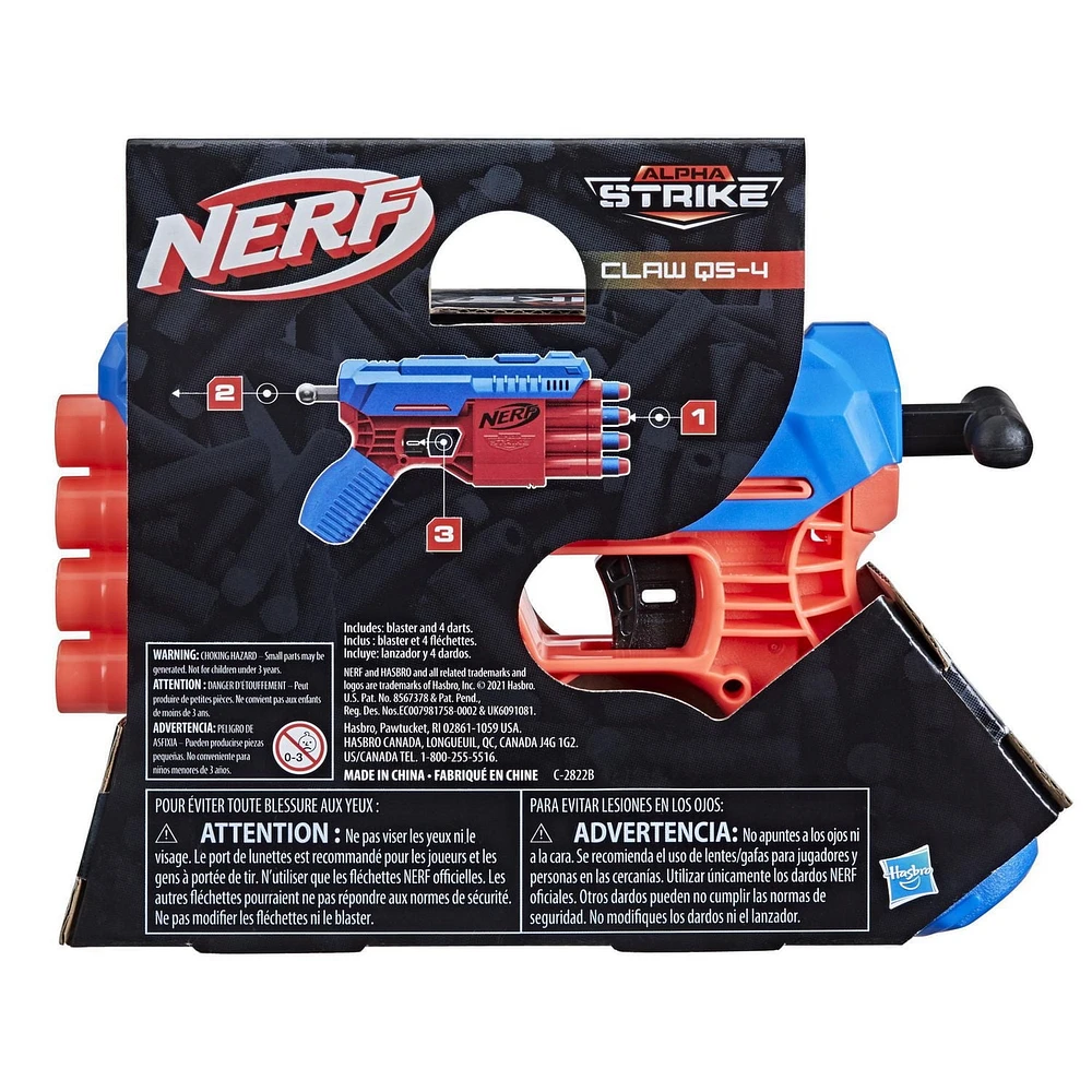 Nerf Alpha Strike, blaster Claw QS-4, inclut 4 fléchettes en mousse Nerf Elite officielles, facile à utiliser À partir de 8 ans