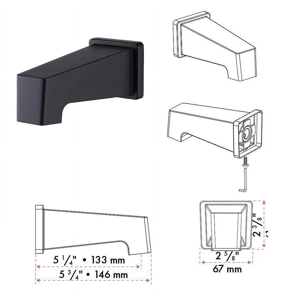 Valve thermostatique carrée 3 fonctions, pommeau, bec de bain ou simultanément, fini noir mat