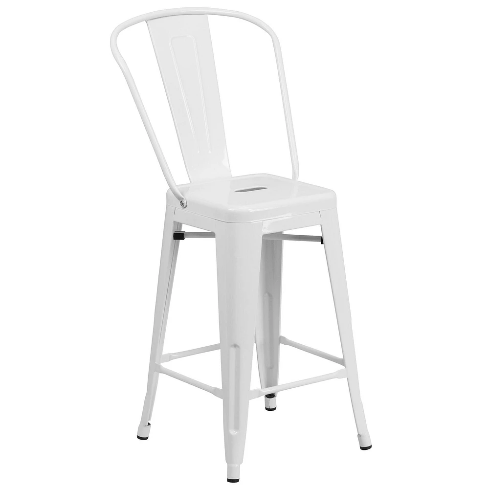Tabouret à la hauteur de comptoir en métal blanc de 24 pouces de hauteur pour l'intérieur et l'extérieur avec dossier