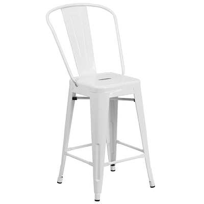 Tabouret à la hauteur de comptoir en métal blanc de 24 pouces de hauteur pour l'intérieur et l'extérieur avec dossier