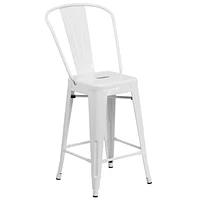 Tabouret à la hauteur de comptoir en métal blanc de 24 pouces de hauteur pour l'intérieur et l'extérieur avec dossier