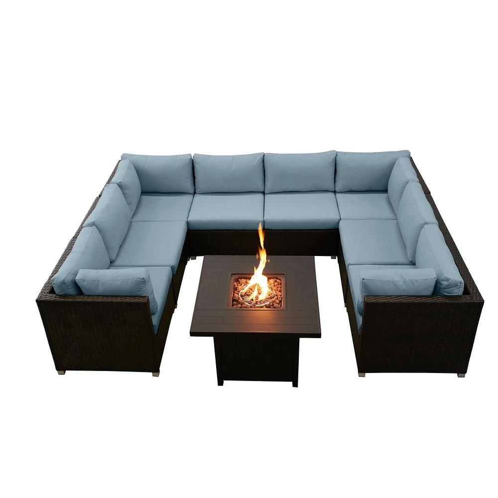 Innesbrook Collection Ensemble de conversation de patio en aluminium 9 pièces avec coussins de spa et table à feu carrée