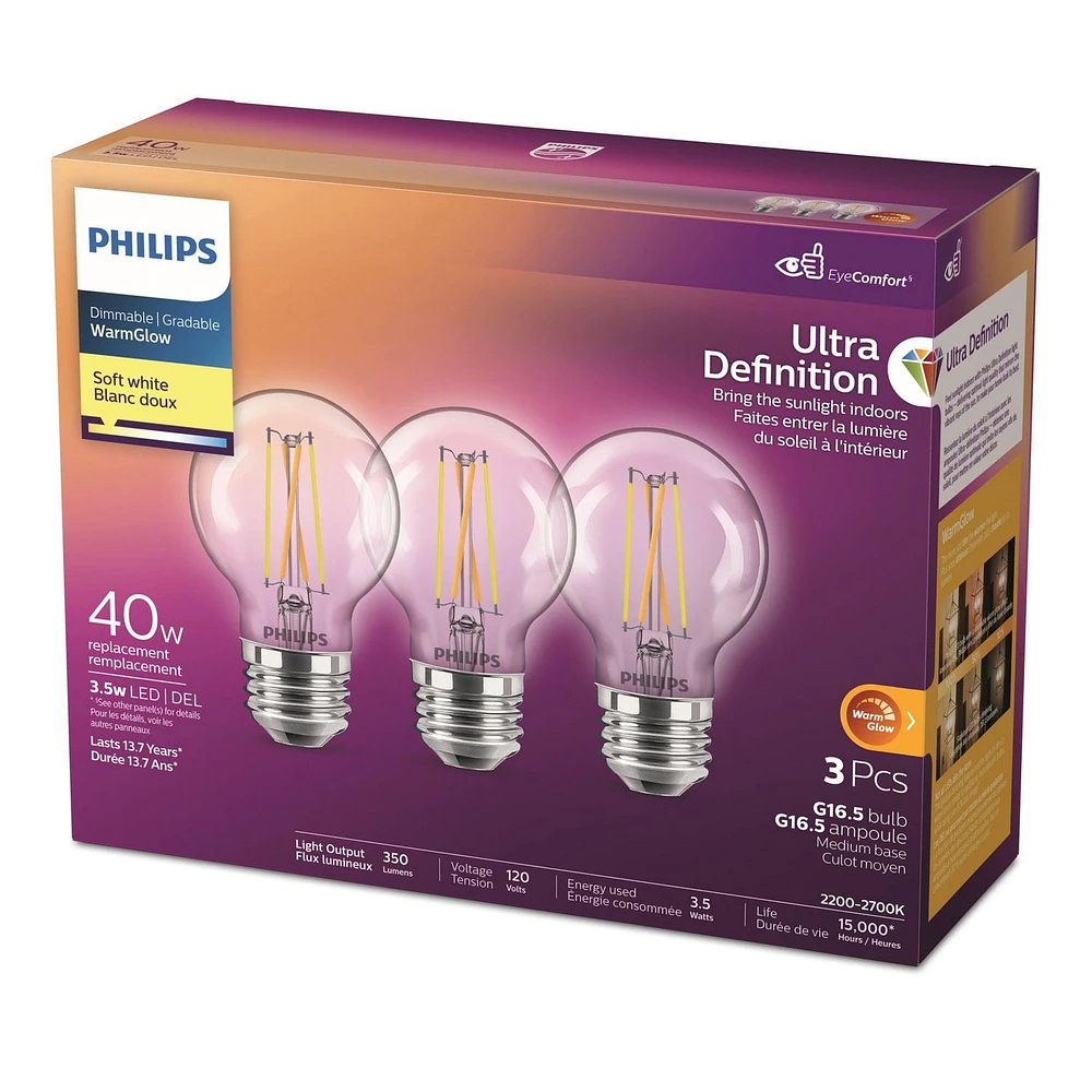 Philips Ultra Définition LED G16.5 E26 40 W équivalent ampoule globe à intensité variable Blanc doux (2 700 K), paquet de 3 Philips G16,5 40 W