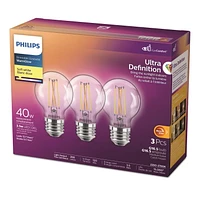 Philips Ultra Définition LED G16.5 E26 40 W équivalent ampoule globe à intensité variable Blanc doux (2 700 K), paquet de 3 Philips G16,5 40 W