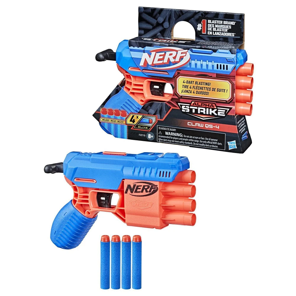 Nerf Alpha Strike, blaster Claw QS-4, inclut 4 fléchettes en mousse Nerf Elite officielles, facile à utiliser À partir de 8 ans