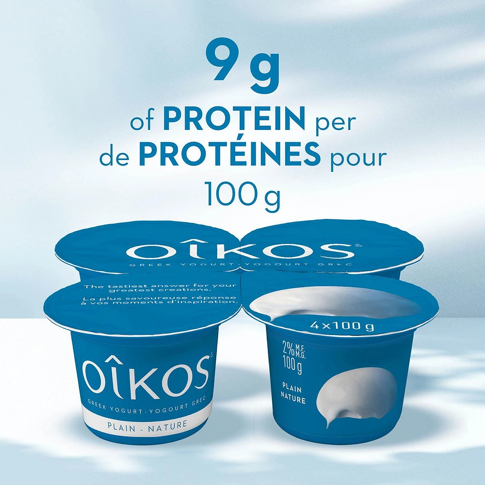 Oikos Greek Yogurt, Plain, No Added Sugar, 2% M.F., 4 x 100 g