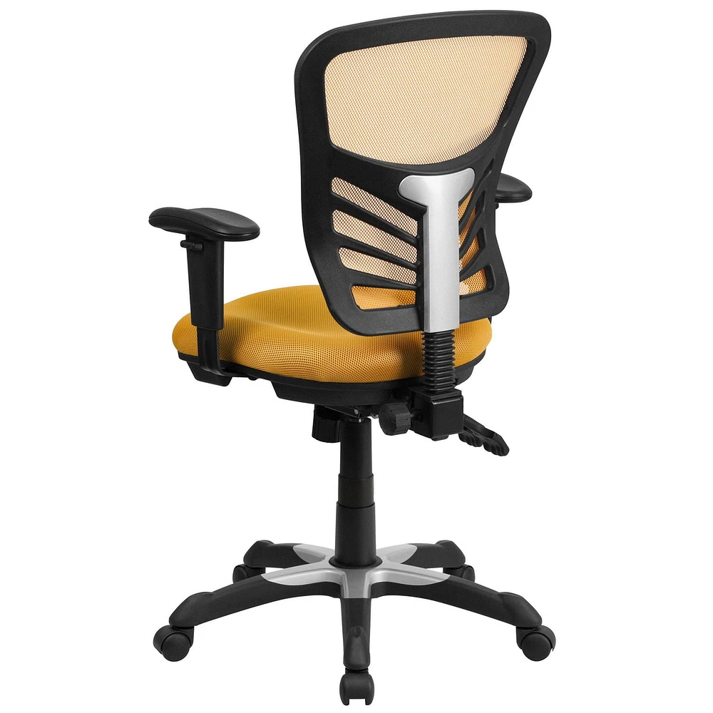 Chaise exécutive pivotante multifonctions en maille jaune-orange à dossier mi-hauteur avec appui-bras réglable