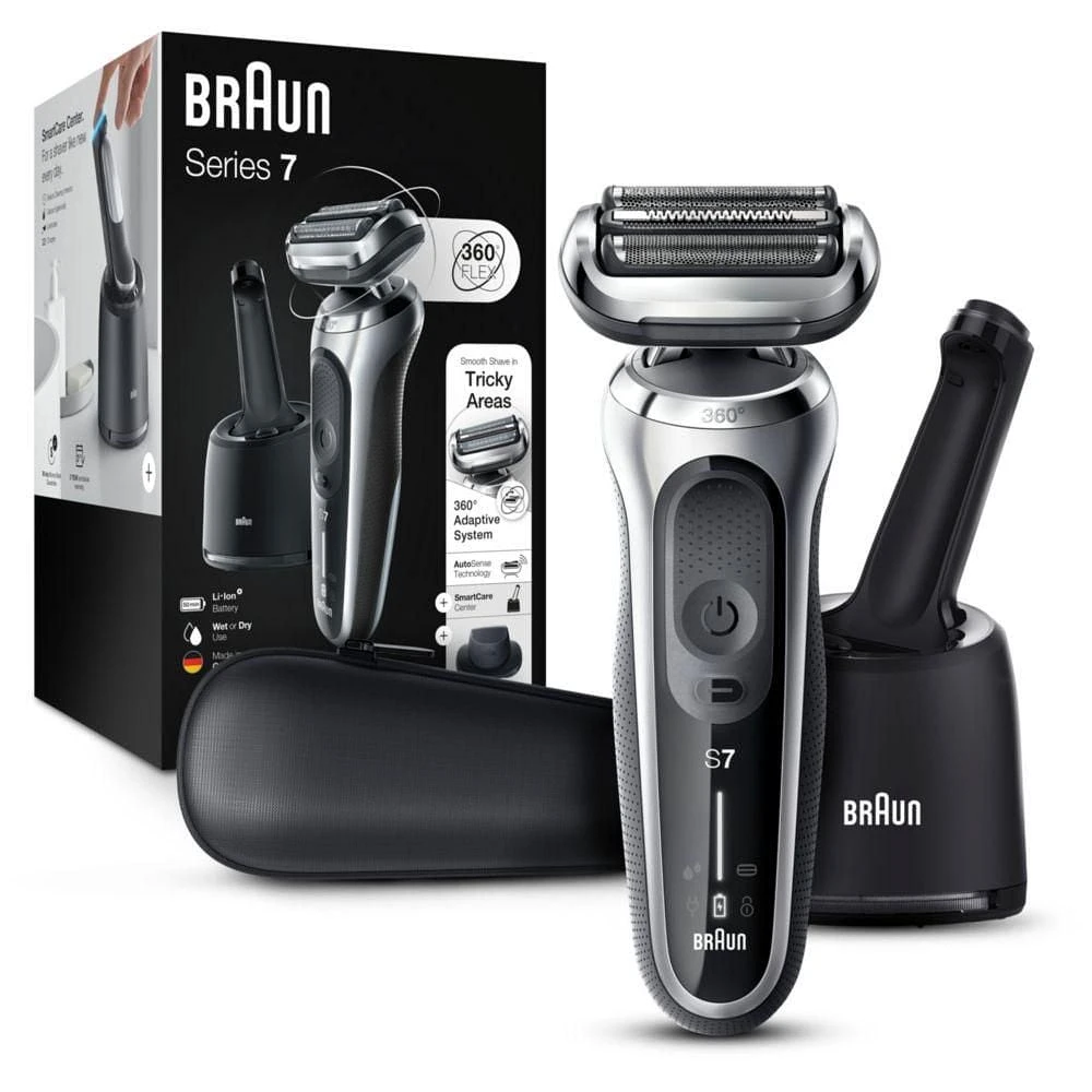 Rasoir rechargable Braun Series 7 7071cc Flex, centre SmartCare, tondeuse de précision Peau sèche et mouillée, rasoir à grille sans cordon, argent