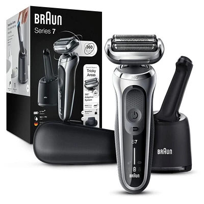 Rasoir rechargable Braun Series 7 7071cc Flex, centre SmartCare, tondeuse de précision Peau sèche et mouillée, rasoir à grille sans cordon, argent