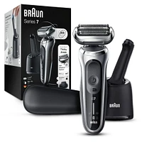Rasoir rechargable Braun Series 7 7071cc Flex, centre SmartCare, tondeuse de précision Peau sèche et mouillée, rasoir à grille sans cordon, argent