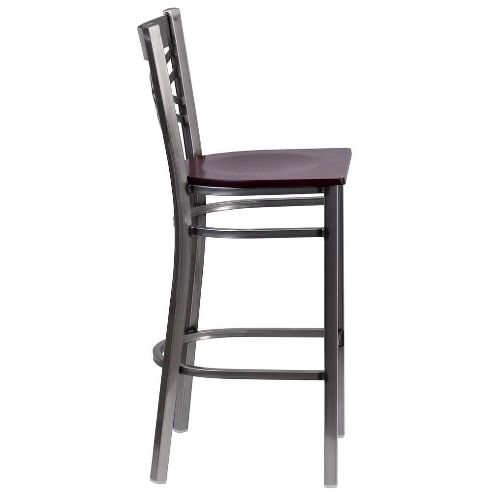 Lot de 2 pièces - Tabouret de bar en métal à dossier en «X» enduit lustré - siège en bois d'acajou