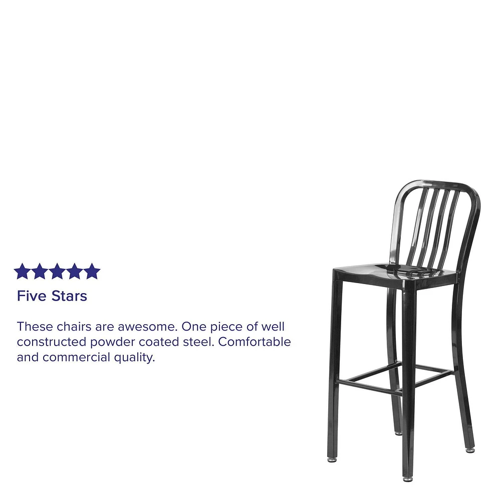 Tabouret de bar en métal noir de 30 pouces de hauteur pour l'intérieur et l'extérieur avec dossier à traverses verticales