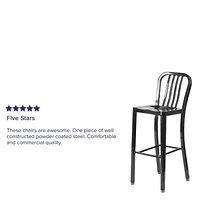 Tabouret de bar en métal noir de 30 pouces de hauteur pour l'intérieur et l'extérieur avec dossier à traverses verticales