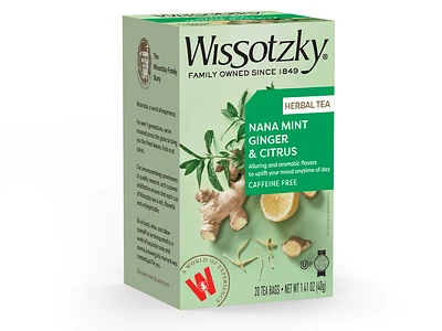 Wissotzky, Herbal Tea, Nana Ginger & Citrus Flavored 20pk, A magnificently uplifting herbal infusion made of whole NANA mint leaves, warming ginger and zesty fresh lemongrass. A blend to truly savor.
<ul>
<li>
Kosher Parve For Passover and all year round OU-P
</li>
<li>

Box of 20 individually wrapped tea bags

</li>
<li>Store in airtight containe</li></ul>