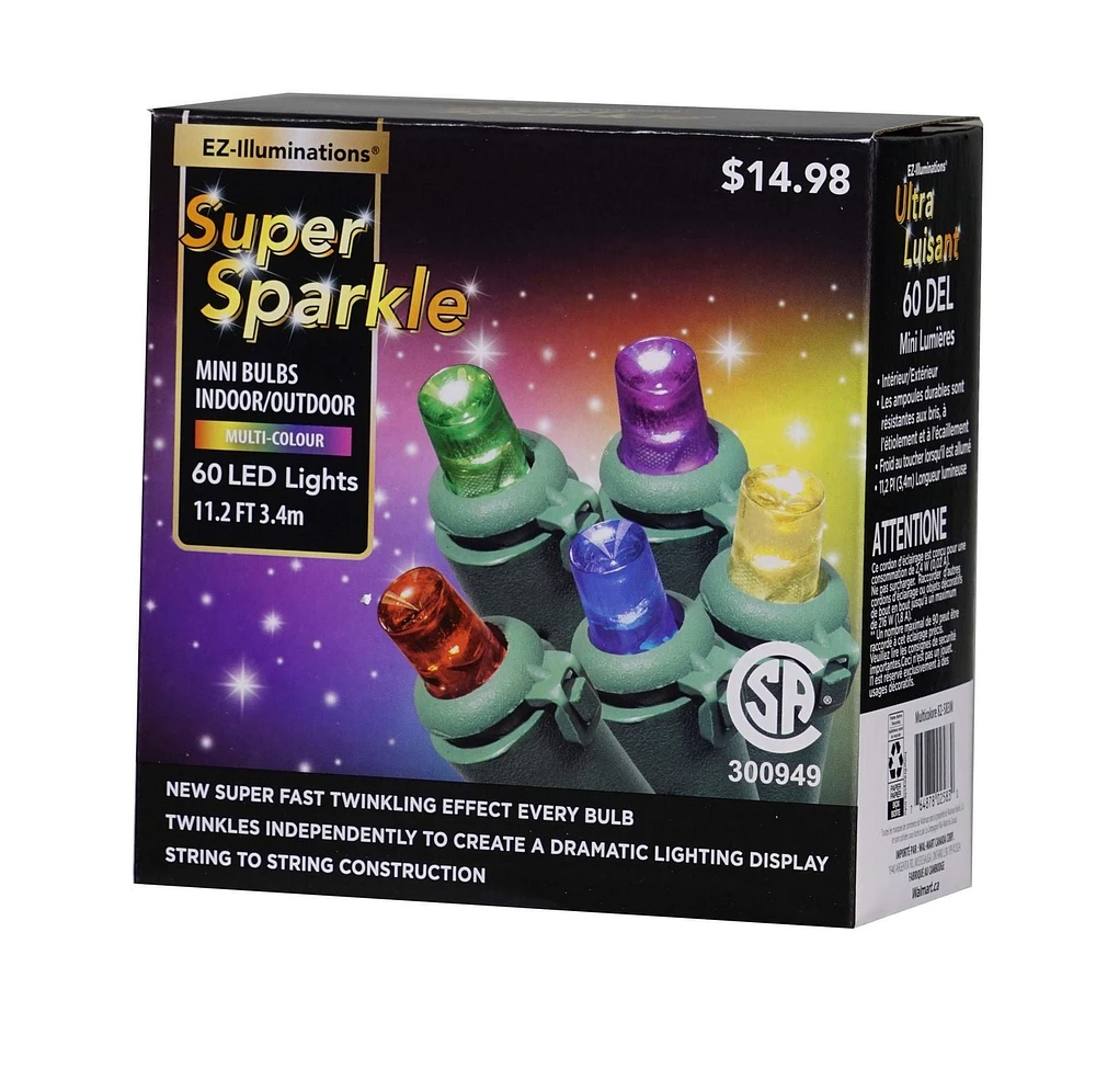 Guirlande de Noël lumineuse EZ-Illuminations, 60 DEL, 11,2 pieds, super étincelantes, multicolore