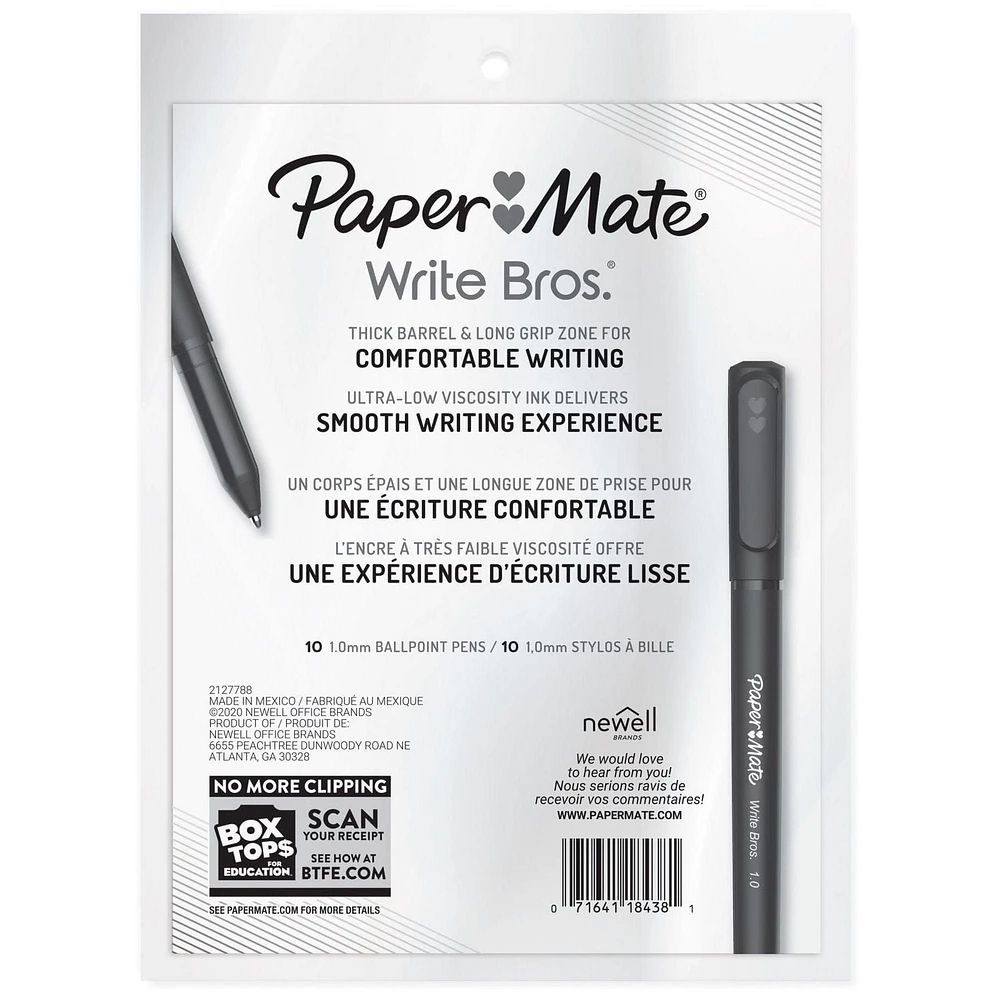 Stylos-bille Paper Mate Write Bros, encres assorties, pointe moyenne (1,0 mm), 10 unités 10 unités
