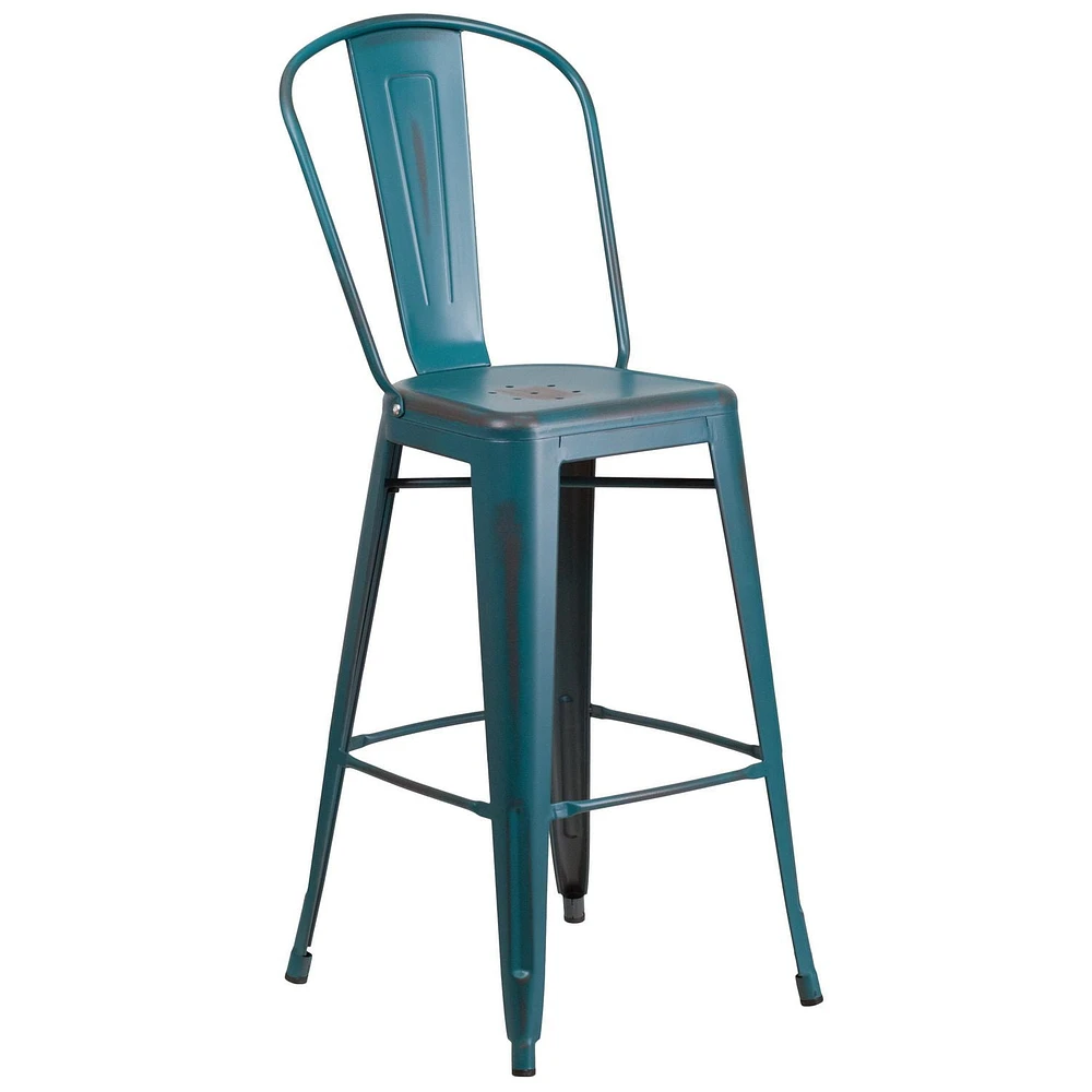 Tabouret de bar en métal vieilli bleu-sarcelle Kelly de 30 pouces de hauteur pour l'intérieur et l'extérieur avec dossier