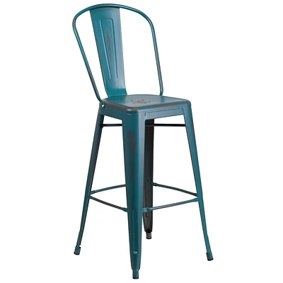 Tabouret de bar en métal vieilli bleu-sarcelle Kelly de 30 pouces de hauteur pour l'intérieur et l'extérieur avec dossier