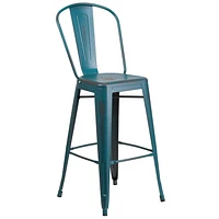Tabouret de bar en métal vieilli bleu-sarcelle Kelly de 30 pouces de hauteur pour l'intérieur et l'extérieur avec dossier
