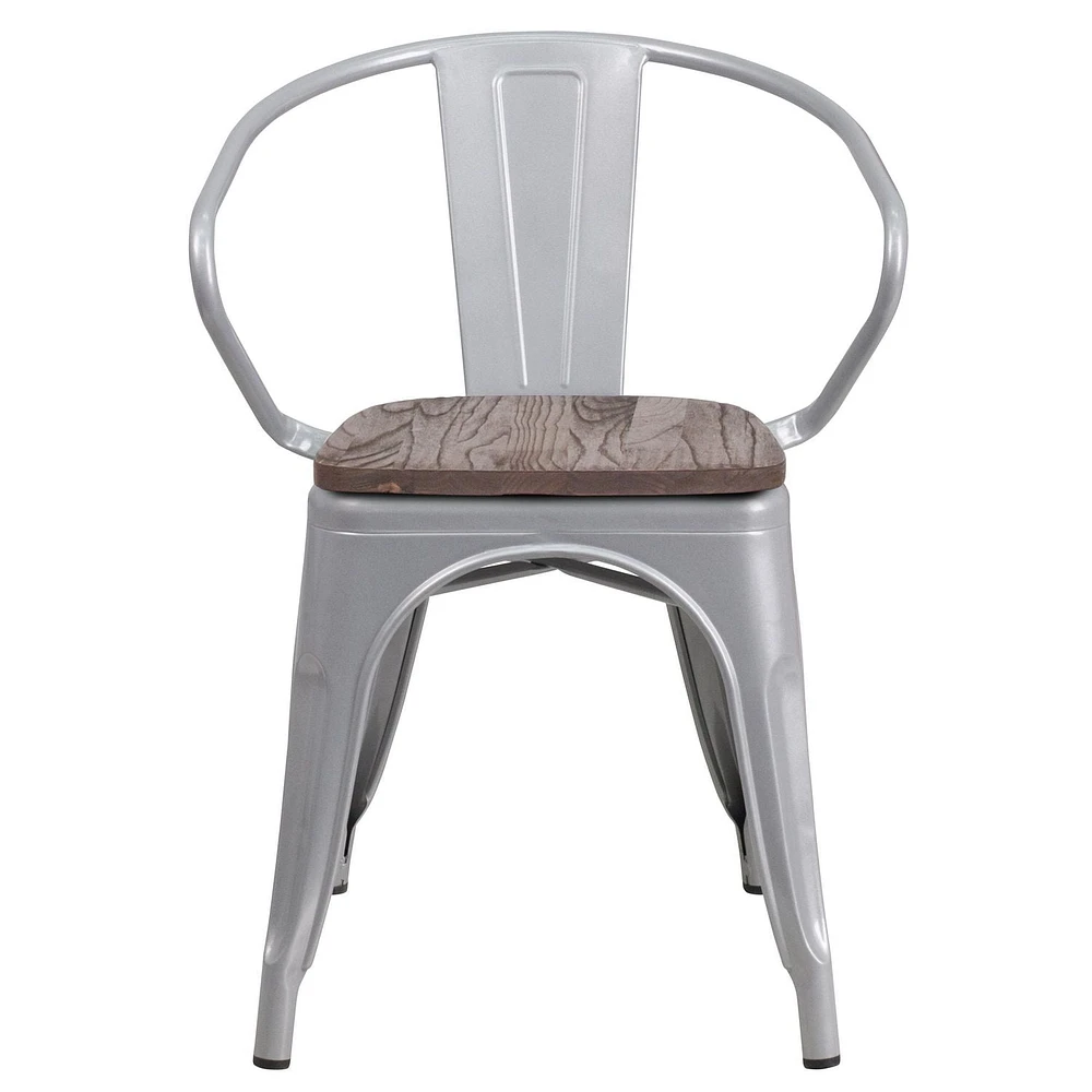 Lot de 4 - Chaise en métal argenté avec siège et accoudoirs en bois
