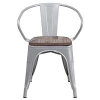 Lot de 4 - Chaise en métal argenté avec siège et accoudoirs en bois