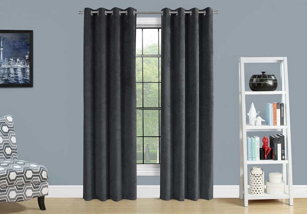 Monarch Specialties Curtain Panel, 2pcs Set, 54"w X 95"l, Room Darkening, Grommet, Living Room, Bedroom, Kitchen, Velvet, Polyester, Grey, Contemporary, Modern