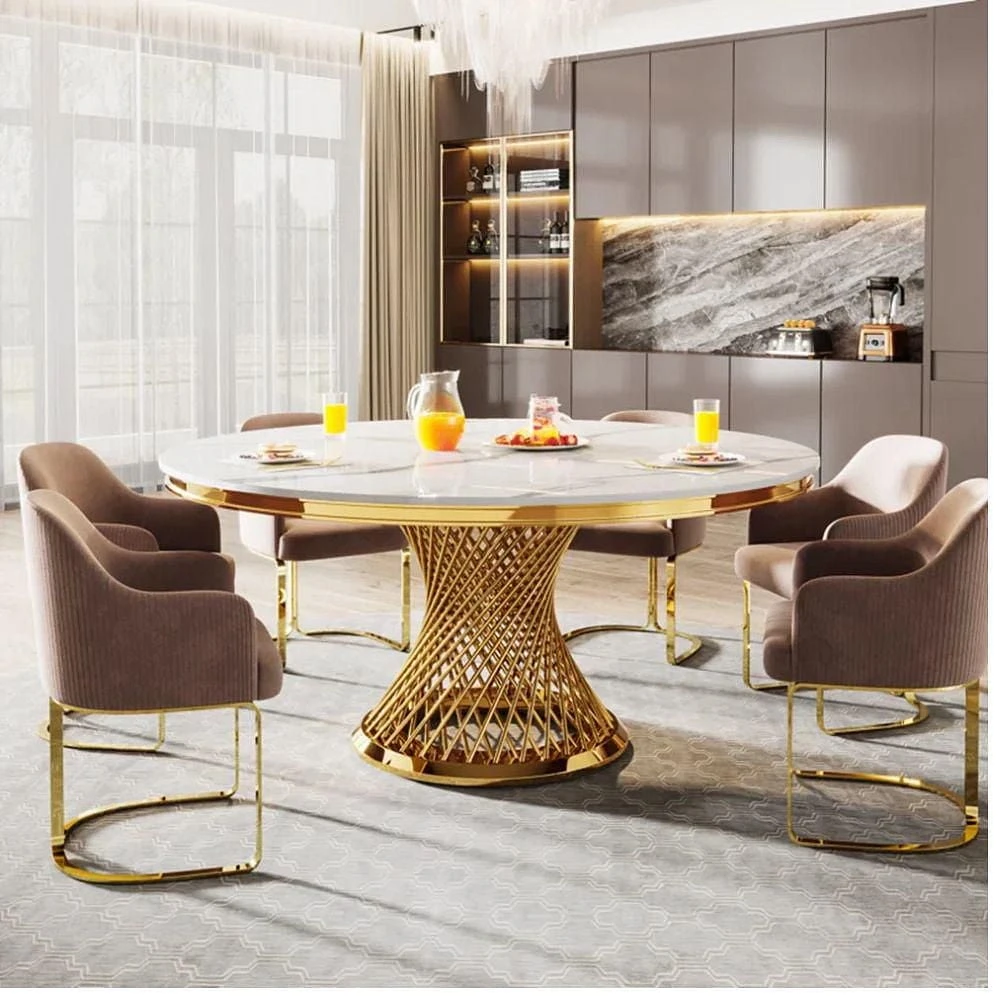 Table de salle à manger en marbre blanc de la collection Heavenly avec base au fini doré